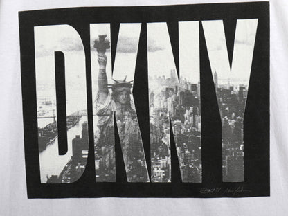 00s USA製 ☆ DKNY ダナキャラン ロゴ プリント Tシャツ メンズ XL 程 古着 オールド フォト グラフィック シングルステッチ 白 モノトーン