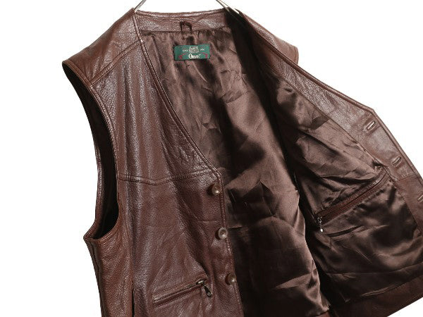 90s オービス 本革 レザー ベスト メンズ XL / オールド 旧タグ アウトドア ハンティング ライナー付き 重ね着 シンプル 大きいサイズ 茶