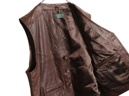 90s オービス 本革 レザー ベスト メンズ XL / オールド 旧タグ アウトドア ハンティング ライナー付き 重ね着 シンプル 大きいサイズ 茶