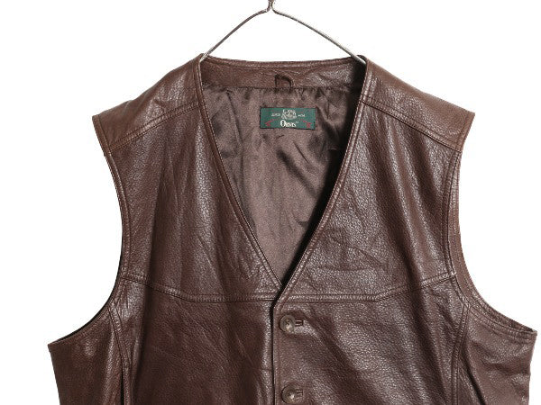 90s オービス 本革 レザー ベスト メンズ XL / オールド 旧タグ アウトドア ハンティング ライナー付き 重ね着 シンプル 大きいサイズ 茶
