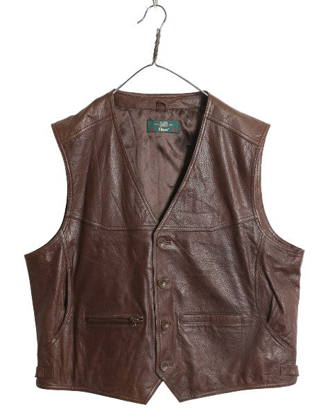 90s オービス 本革 レザー ベスト メンズ XL / オールド 旧タグ アウトドア ハンティング ライナー付き 重ね着 シンプル 大きいサイズ 茶