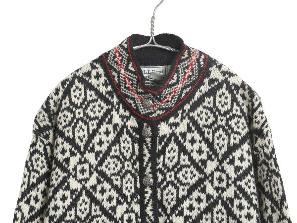 80s USA製 エルエルビーン ノルディック ニット カーディガン レディース M ヴィンテージ ウール セーター 前開き 羽織り バーズアイ 総柄