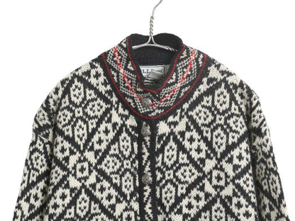 80s USA製 エルエルビーン ノルディック ニット カーディガン レディース M ヴィンテージ ウール セーター 前開き 羽織り バーズアイ 総柄