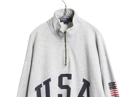 90s ポロ ラルフローレン ハーフジップ USA プリント スウェット メンズ XL / オールド ハイネック トレーナー 星条旗 裏起毛 大きいサイズ