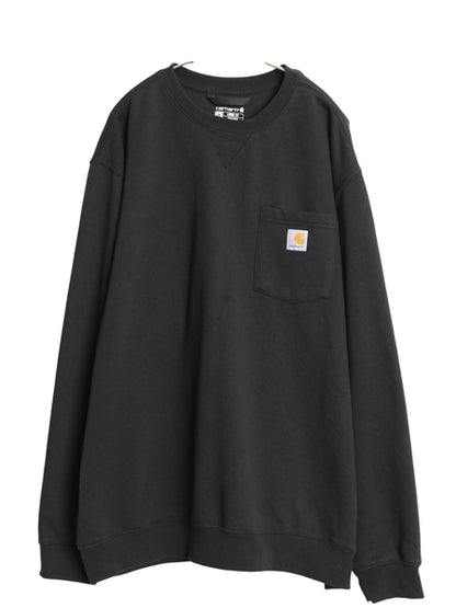 US企画 カーハート ポケット付き クルーネック スウェット メンズ 2XL 古着 裏起毛 トレーナー ワンポイント ロゴ刺繍 前V 黒 大きいサイズ