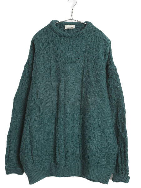 アイルランド製 Carraig Donn フィッシャーマン ウール ニット セーター メンズ レディース L / アラン ケーブル ローゲージ シンプル 緑