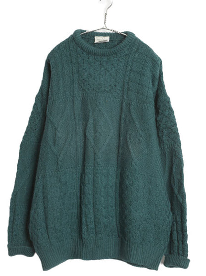 アイルランド製 Carraig Donn フィッシャーマン ウール ニット セーター メンズ レディース L / アラン ケーブル ローゲージ シンプル 緑