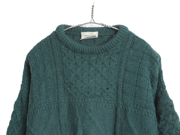 アイルランド製 Carraig Donn フィッシャーマン ウール ニット セーター メンズ レディース L / アラン ケーブル ローゲージ シンプル 緑