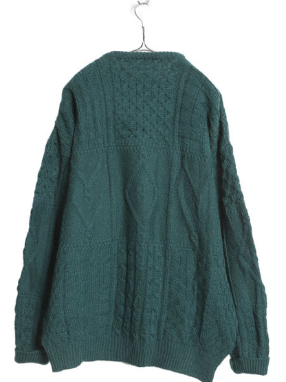 アイルランド製 Carraig Donn フィッシャーマン ウール ニット セーター メンズ レディース L / アラン ケーブル ローゲージ シンプル 緑