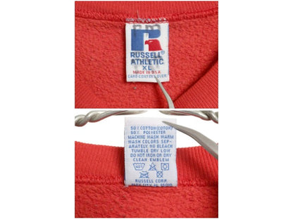 90s USA製 ラッセル 2段 カレッジ プリント スウェット メンズ レディース XL / オールド アイオワ トレーナー 前V 裏起毛 大きいサイズ 赤