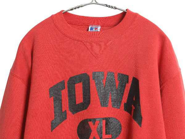 90s USA製 ラッセル 2段 カレッジ プリント スウェット メンズ レディース XL / オールド アイオワ トレーナー 前V 裏起毛 大きいサイズ 赤