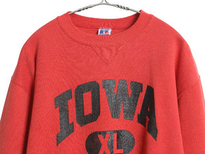 90s USA製 ラッセル 2段 カレッジ プリント スウェット メンズ レディース XL / オールド アイオワ トレーナー 前V 裏起毛 大きいサイズ 赤