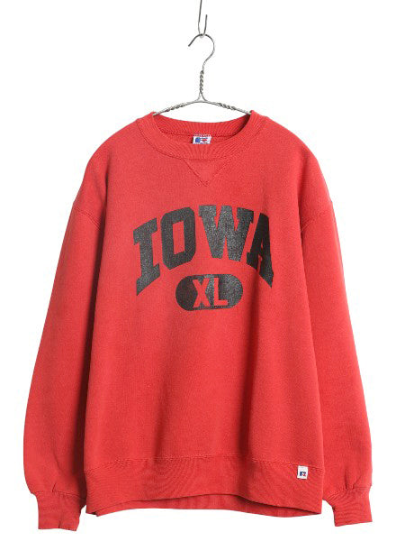 90s USA製 ラッセル 2段 カレッジ プリント スウェット メンズ レディース XL / オールド アイオワ トレーナー 前V 裏起毛 大きいサイズ 赤