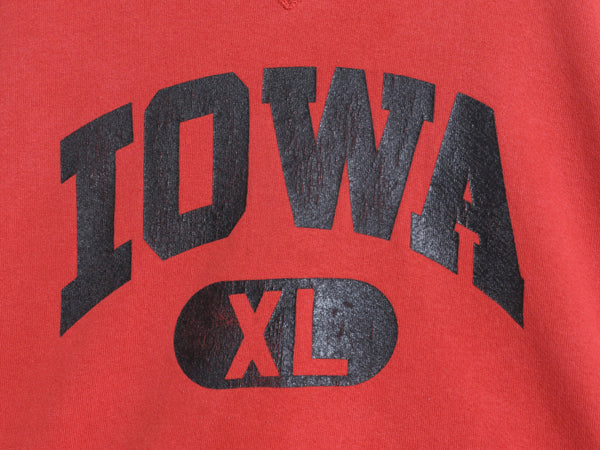 90s USA製 ラッセル 2段 カレッジ プリント スウェット メンズ レディース XL / オールド アイオワ トレーナー 前V 裏起毛 大きいサイズ 赤