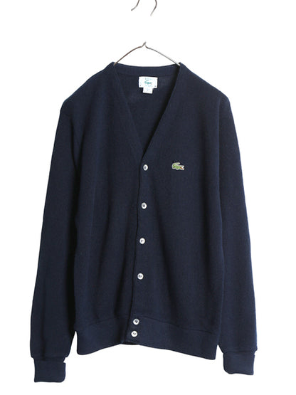 80s USA製 ラコステ アクリル ニット カーディガン メンズ レディース M 古着 ヴィンテージ 羽織り 前開き セーター ワンポイント ネイビー