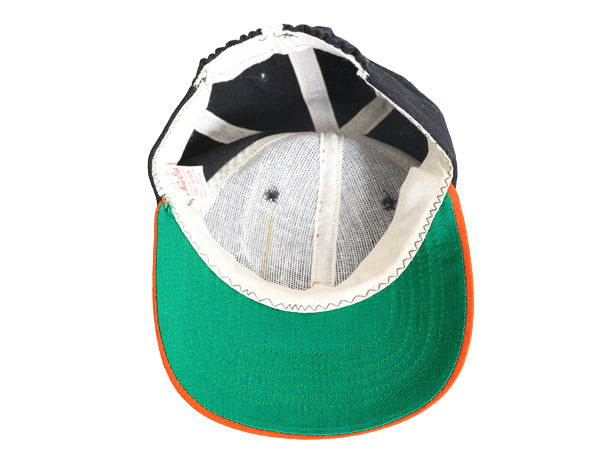 80s USA製 ニューエラ フェルト ワッペン付き ベースボール キャップ メンズ S M 古着 ヴィンテージ 帽子 ワンポイント ブラック オレンジ