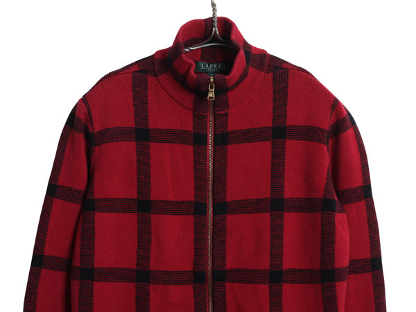 00s ローレン ラルフローレン コットン ニット セーター ジャケット レディース S オールド ポロ チェック ハイネック フルジップ ブルゾン