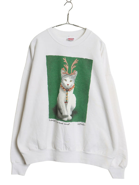 90s USA製 WILL BULLAS ネコ アート イラスト プリント スウェット メンズ XL オールド トレーナー 裏起毛 ジョーク アニマル 大きいサイズ