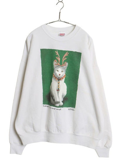 90s USA製 WILL BULLAS ネコ アート イラスト プリント スウェット メンズ XL オールド トレーナー 裏起毛 ジョーク アニマル 大きいサイズ