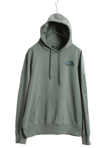 ノースフェイス プリント スウェット フード パーカー メンズ M 古着 裏起毛 プルオーバー トレーナー グラフィック ワンポイント グリーン