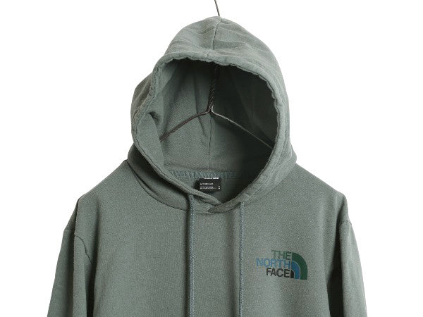 ノースフェイス プリント スウェット フード パーカー メンズ M 古着 裏起毛 プルオーバー トレーナー グラフィック ワンポイント グリーン