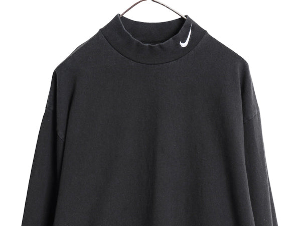 90s USA製 ナイキ モックネック 長袖 Tシャツ メンズ L / オールド ワンポイント スウッシュ ハイネック ロンT ヘビーウェイト コットン 黒