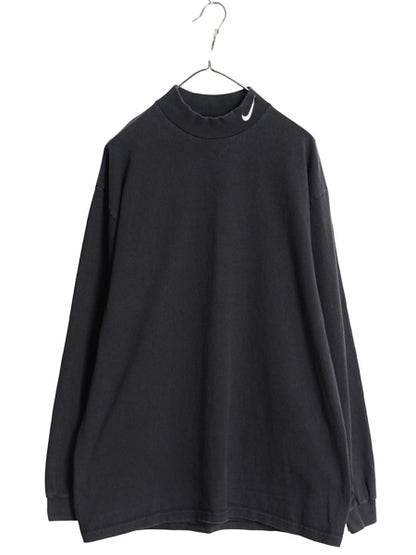 90s USA製 ナイキ モックネック 長袖 Tシャツ メンズ L / オールド ワンポイント スウッシュ ハイネック ロンT ヘビーウェイト コットン 黒