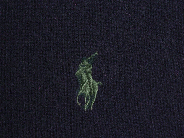 00s ポロ ラルフローレン ニット セーター メンズ S オールド ラム ウール ワンポイント ポニー 刺繍 リブ編み Vネック 無地 薄手 ネイビー