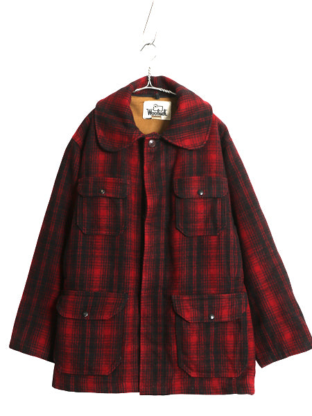 70s USA製 ウールリッチ チェック ハンティング ジャケット メンズ XL 程 ヴィンテージ ウール ハーフ コート ブルゾン 大きいサイズ 赤 黒