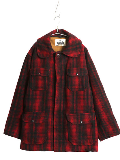 70s USA製 ウールリッチ チェック ハンティング ジャケット メンズ XL 程 ヴィンテージ ウール ハーフ コート ブルゾン 大きいサイズ 赤 黒