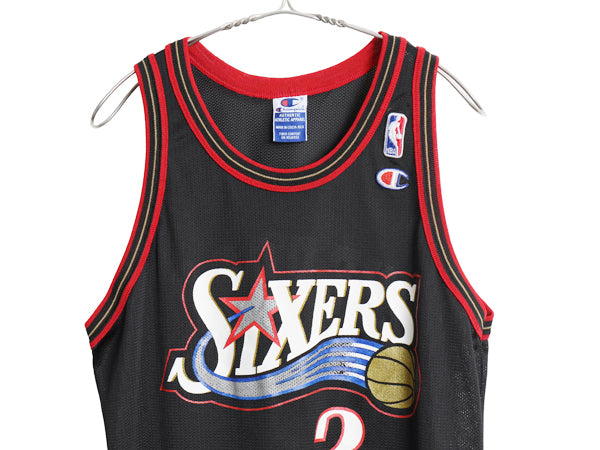 90s セブンティ シクサーズ メッシュ タンクトップ メンズ S 程 古着 オールド NBA チャンピオン アイバーソン ユニフォーム バスケット 黒