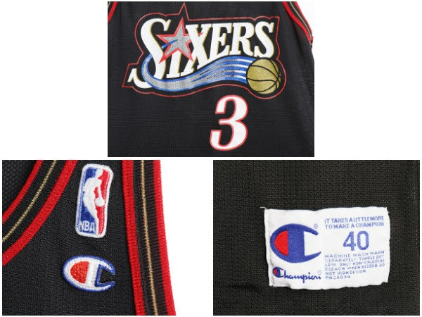 90s セブンティ シクサーズ メッシュ タンクトップ メンズ S 程 古着 オールド NBA チャンピオン アイバーソン ユニフォーム バスケット 黒