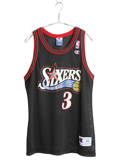 90s セブンティ シクサーズ メッシュ タンクトップ メンズ S 程 古着 オールド NBA チャンピオン アイバーソン ユニフォーム バスケット 黒