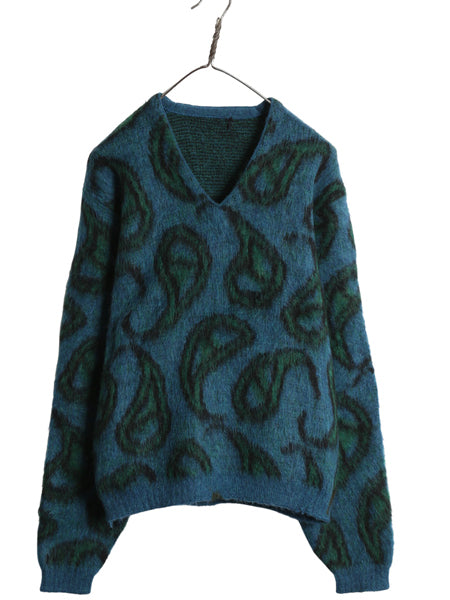 60s 70s ★ ペイズリー 総柄 シャギー ニット セーターメンズ M / 古着 ヴィンテージ Vネック プルオーバー モヘア 毛足 毛長 マルチカラー