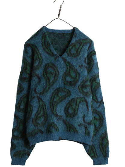 60s 70s ★ ペイズリー 総柄 シャギー ニット セーターメンズ M / 古着 ヴィンテージ Vネック プルオーバー モヘア 毛足 毛長 マルチカラー