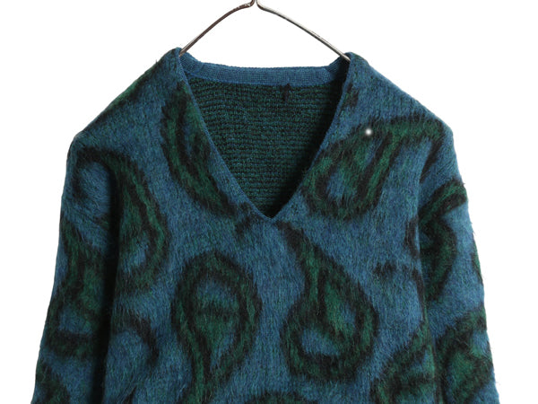 60s 70s ★ ペイズリー 総柄 シャギー ニット セーターメンズ M / 古着 ヴィンテージ Vネック プルオーバー モヘア 毛足 毛長 マルチカラー