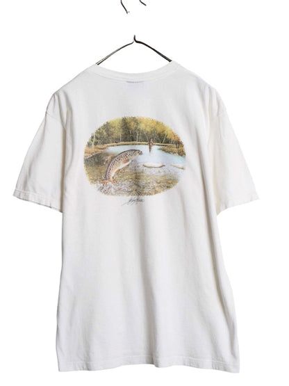 90s USA製 ウールリッチ フィッシング プリント Tシャツ メンズ M / オールド アウトドア ハンティング 両面 アート グラフィック ホワイト
