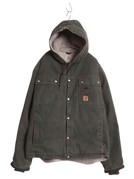 US企画 カーハート ダック パーカー ジャケット メンズ L 古着 裏 ボア パイル フリース フード ブルゾン ジャンパー オリーブ 廃盤 ワーク