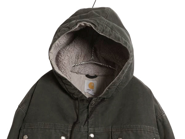 US企画 カーハート ダック パーカー ジャケット メンズ L 古着 裏 ボア パイル フリース フード ブルゾン ジャンパー オリーブ 廃盤 ワーク