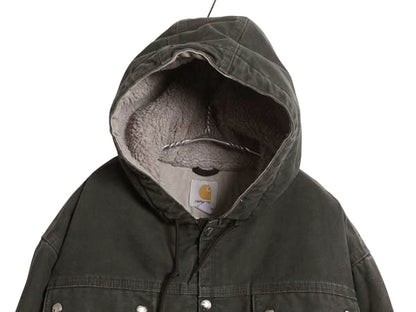 US企画 カーハート ダック パーカー ジャケット メンズ L 古着 裏 ボア パイル フリース フード ブルゾン ジャンパー オリーブ 廃盤 ワーク