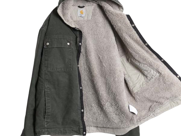 US企画 カーハート ダック パーカー ジャケット メンズ L 古着 裏 ボア パイル フリース フード ブルゾン ジャンパー オリーブ 廃盤 ワーク