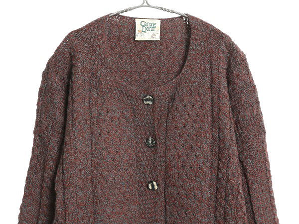 アイルランド製 Carraig Donn フィッシャーマン ウール ニット カーディガン レディース L アラン ケーブル 前開き 丸首 カットソー タイプ