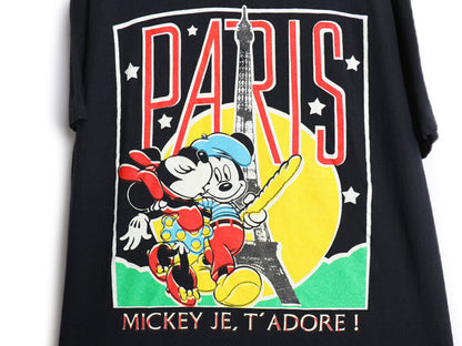 90s ミッキー ミニー プリント Tシャツ メンズ レディース L 程 オールド ディズニー パスポート シリーズ イラスト キャラクター ブラック
