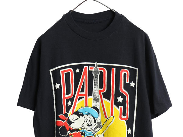 90s ミッキー ミニー プリント Tシャツ メンズ レディース L 程 オールド ディズニー パスポート シリーズ イラスト キャラクター ブラック