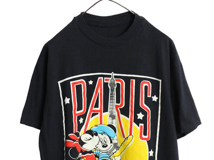 90s ミッキー ミニー プリント Tシャツ メンズ レディース L 程 オールド ディズニー パスポート シリーズ イラスト キャラクター ブラック