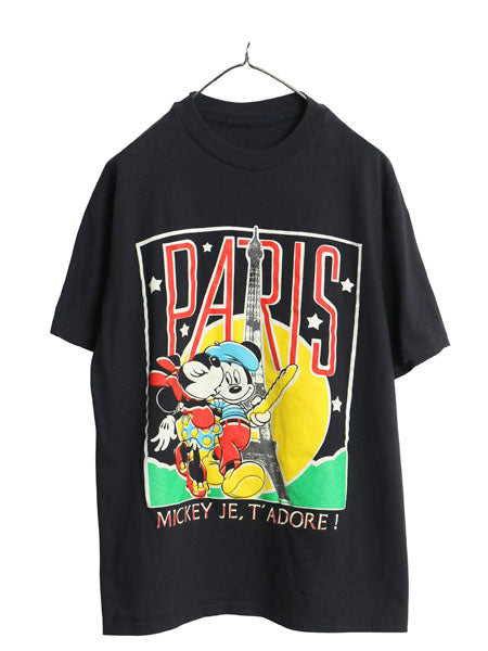 90s ミッキー ミニー プリント Tシャツ メンズ レディース L 程 オールド ディズニー パスポート シリーズ イラスト キャラクター ブラック