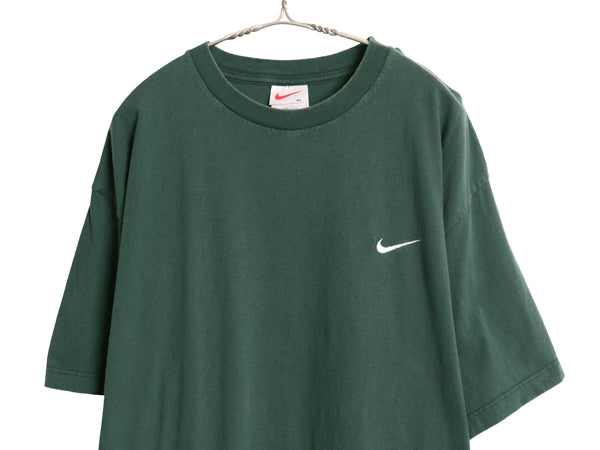 90s USA製 ナイキ スウッシュ 刺繍 半袖 Tシャツ メンズ XL / オールド ワンポイント ヘビーウェイト コットン カットソー 大きいサイズ 緑