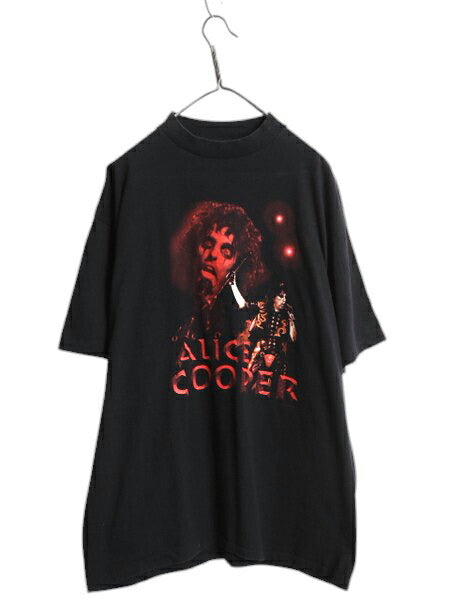 90s ★ アリスクーパー フォト プリント Tシャツ メンズ XL 古着 イラスト グラフィック バンド ロック モックネック シングルステッチ 黒