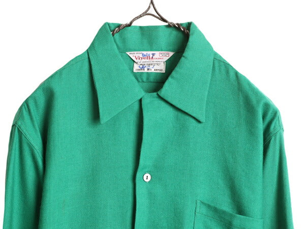 デッドストック 60s ★ 無地 ループ留め オープンカラー 長袖 ウール シャツ メンズ L 程/ 新品 60年代 ヴィンテージ 開襟 ポケット付き 緑