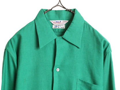 デッドストック 60s ★ 無地 ループ留め オープンカラー 長袖 ウール シャツ メンズ L 程/ 新品 60年代 ヴィンテージ 開襟 ポケット付き 緑